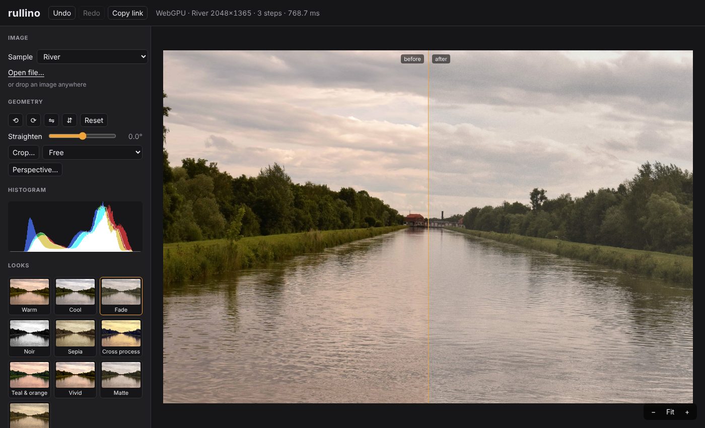 The rullino playground: a photo with a look applied, before / after split, histogram and look gallery